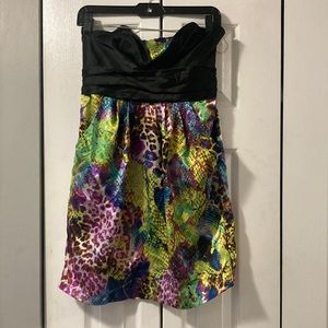 Satin strapless dress.